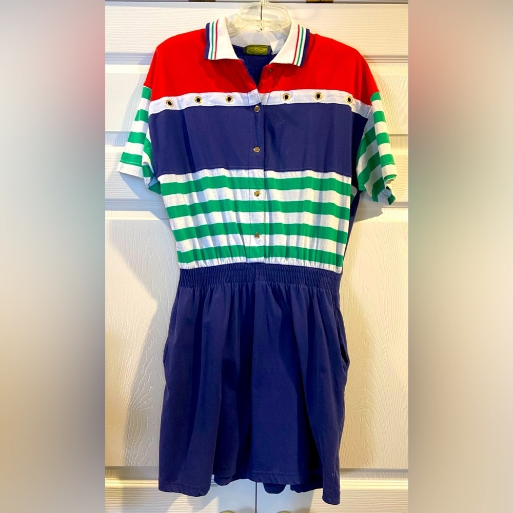 Vintage Abvien Medium Romper Jumpsuit 90s Color Block Striped Snap Top Pockets